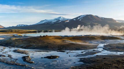 Poster - A tranquil Icelandic geothermal area with steaming hot springs, surreal rock formations, and a backdrop of snow-capped mountains
