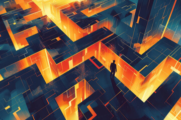 Poster - The scene shows an individual standing in the center of a luminous maze that radiates warm orange hues against a dark blue backdrop, capturing a sense of mystery and exploration