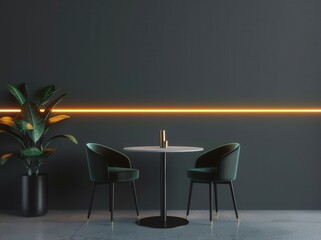 Minimalist interior design with a round table and two chairs against a black wall with a single line of warm light