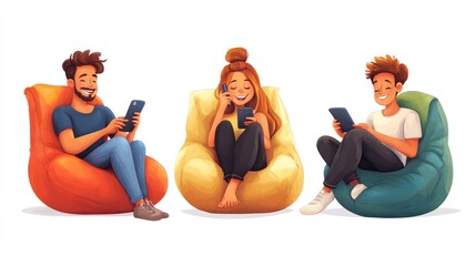 Wall Mural - Three young people are sitting in bean bags and using smartphones and tablets.