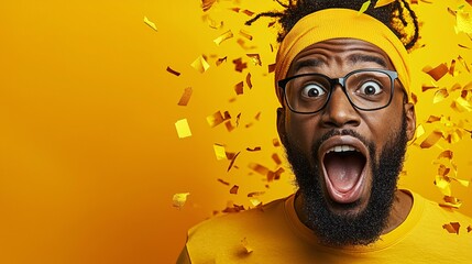 Excited man celebrating with confetti against yellow background