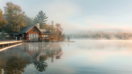 Poster - A tranquil lakeside retreat with a luxury cabin, wooden dock, and mist rising from the calm waters at sunrise