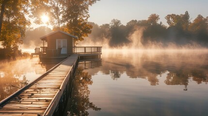 Poster - A tranquil lakeside retreat with a luxury cabin, wooden dock, and mist rising from the calm waters at sunrise