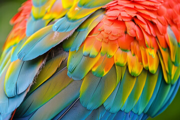 The vivid plumage of a tropical parrot showcases brilliant shades of red, orange, yellow, and blue, creating a striking display against the natural greenery