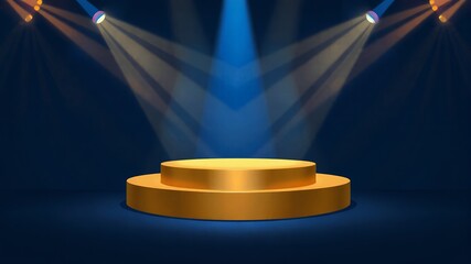 Sticker - A golden podium illuminated by spotlights on a blue background.