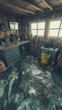 © Wanida - Torrential wave sweeps through a coastal workshop, scattering parts, saltwater swirling across drenched floors, remnants of the workshop floating in murky seawater