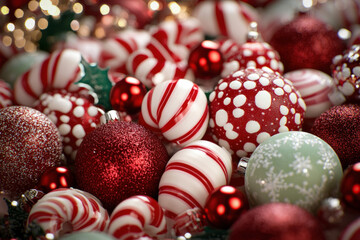 Collection Of Red And White Striped Candy Canes Arranged In A Festive Pattern, Surrounded By Colorful Christmas Ornaments And Sparkling Lights