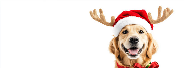 Dog celebrating christmas wearing a red santa claus hat and reindeer antlers