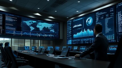 Poster - A financial analyst presenting data charts on a large screen in a dimly lit boardroom