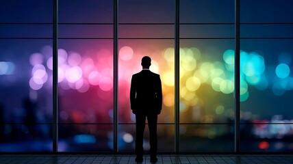 Wall Mural - Silhouette of businessman back standing on the large glass window with neon light at city night outside view 