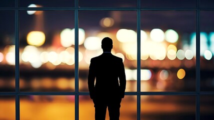 Wall Mural - Silhouette of businessman back standing on the large glass window with neon light at city night outside view 