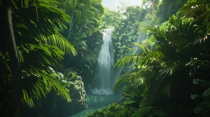 Poster - A tranquil view of a hidden waterfall in a dense rainforest with lush green vegetation and crystal-clear water cascading down, exotic setting with vibrant greens, Jungle style