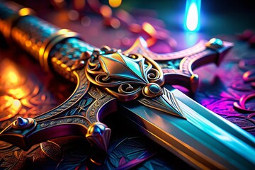 Detailed Macro Photography of a Sword Asset for Video Games, Highlighting Texture and Design Features for Digital Art