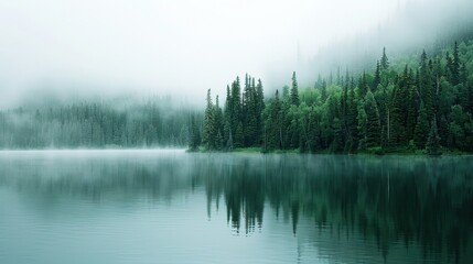 Aufkleber - A tranquil view of a secluded lake in Canada with lush pine forests surrounding it and a misty morning fog, serene setting with soft greens and blues, Wilderness style