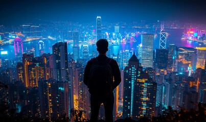 Silhouette of Person With Backpack Observing Lively Night Cityscape of Neon Lights and Skyscrapers From Rooftop, Generative AI