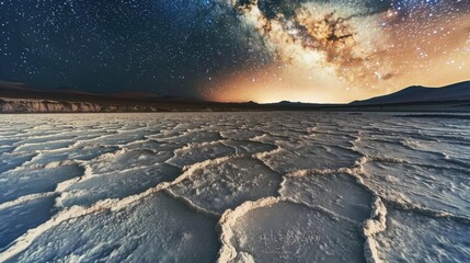 Aufkleber - A tranquil view of the Atacama Desert with salt flats and surreal landscapes under a starlit sky, desert setting with ethereal beauty, Starry style