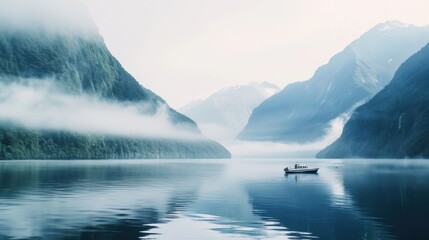 Poster - A tranquil view of the fjords in New Zealand with a small boat and misty mountains, serene setting with soft morning light, Nautical style