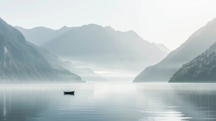 Poster - A tranquil view of the fjords in New Zealand with a small boat and misty mountains, serene setting with soft morning light, Nautical style