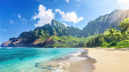 Aufkleber - A tranquil view of the Hawaiian Islands with volcanic peaks and sandy beaches under a clear, sunny sky, island setting with natural beauty