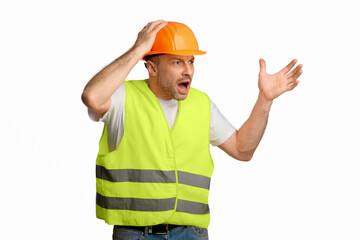 Poster - Angry Construction Foreman Worker Shouting Touching Hardhat Standing On White Background. Studio Shot