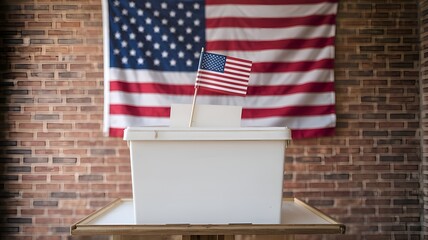 American flag in the background of a white ballot box