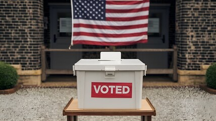 American flag in the background of a white ballot box