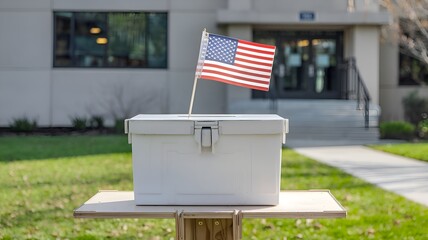 American flag in the background of a white ballot box