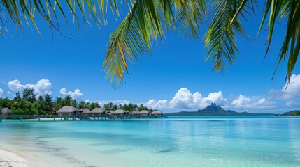Aufkleber - A tranquil view of the idyllic beaches and palm trees of Bora Bora with luxurious overwater villas and crystal-clear turquoise waters, tropical setting with vivid blues and greens, Bora Bora style