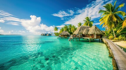 Aufkleber - A tranquil view of the idyllic beaches and palm trees of Bora Bora with luxurious overwater villas and crystal-clear turquoise waters, tropical setting with vivid blues and greens, Bora Bora style