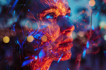 Poster - Vibrant light patterns reflect on a woman's face as she experiences an immersive art performance in an urban environment during the evening