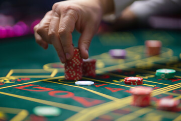 A hand reaches out to stack colorful poker chips on a roulette table in a bustling casino, showcasing the excitement of gaming at night