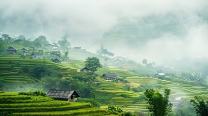 Poster - A tranquil view of the lush green rice terraces and traditional wooden houses of Sapa in Vietnam with mist drifting over the hills, rural setting with vibrant greens and misty whites, Sapa style