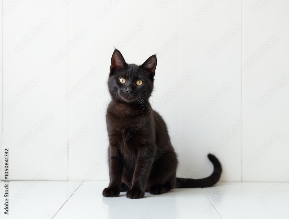 Full body Portrait of adorable black cat sitting alone surrounded by a ...