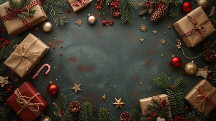 Flat lay Christmas background with gifts, ornaments, pine branches, candy canes and red berries on a rustic dark background.