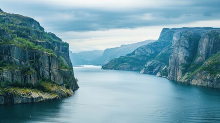 Aufkleber - A tranquil view of the Scandinavian fjords with serene waters and rugged cliffs, fjord setting with calming simplicity, Calm style
