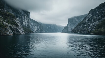 Aufkleber - A tranquil view of the Scandinavian fjords with serene waters and rugged cliffs, fjord setting with calming simplicity, Calm style
