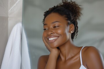 A beautiful black woman touches her soft skin with a joyful smile in a bright bathroom during a morning routine