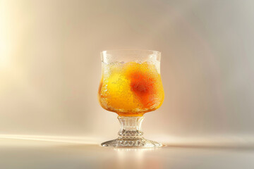 A vibrant drink filled with ice cubes and colorful fruit garnishes sits in a decorative glass, glistening under soft light, perfect for summer enjoyment