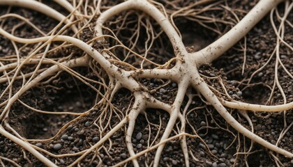 Macro shot of thin, delicate plant roots intertwined with soil particles and small pebbles, revealing an intricate web of natural textures