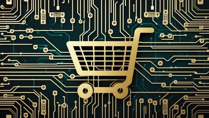 Poster -  Futuristic Golden Shopping Cart Icon on Digital Circuit Board Background, Symbolizing E-Commerce, Online Shopping, and Technology, Perfect for Digital Marketing Designs