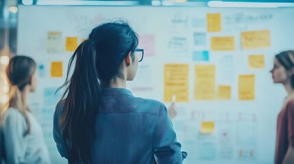 Poster - A startup founder brainstorming on a large whiteboard in a stylish, modern office with vibrant decor.

