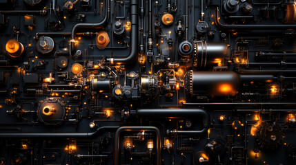 Poster - Abstract composition of refinery pipes and machines with glowing elements