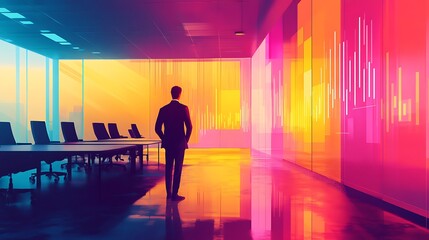 Poster - A startup founder preparing for a pitch in a vibrant, tech-filled office