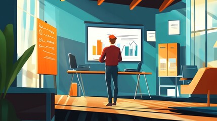 Poster - A startup founder preparing for a pitch in a vibrant, tech-filled office