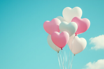 Wall Mural - Pink and white heart-shaped balloons floating in clear blue sky