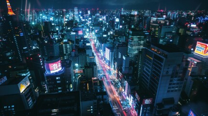 Aufkleber - A vibrant cityscape of Tokyo with neon lights and bustling streets at night, urban setting with lively atmosphere, Modern style