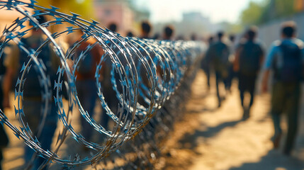 barbed wire fence, symbolizing boundaries and protection, with a blurred group of people in the background, evoking themes of division, security, and vulnerability