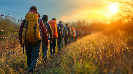 Wall Mural - barbed wire fence, symbolizing boundaries and protection, with a blurred group of people in the background, evoking themes of division, security, and vulnerability