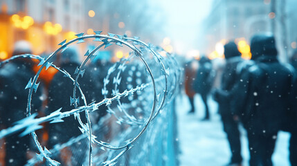 Wall Mural - barbed wire fence, symbolizing boundaries and protection, with a blurred group of people in the background, evoking themes of division, security, and vulnerability