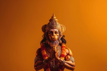 Golden statue of lord hanuman, a hindu deity, praying with hands joined on an orange background